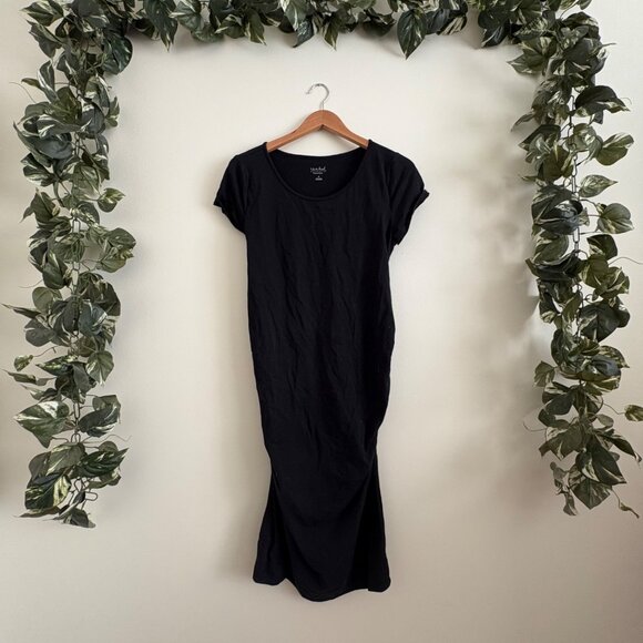 Isabel Maternity Short Sleeve Ruched Fitted Midi Dress Black Women’s Size M - Picture 1 of 7